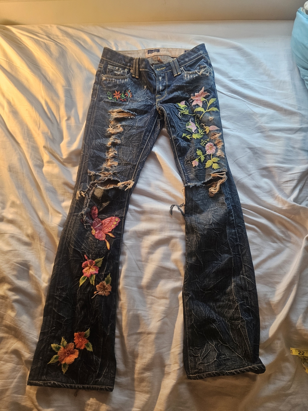 Dark Blue Floral Embroidered Flare Jeans